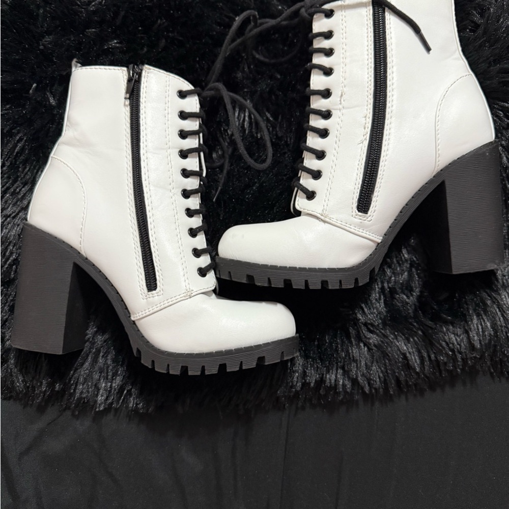 Soda White and Black Heeled Boots with Chunky Heel